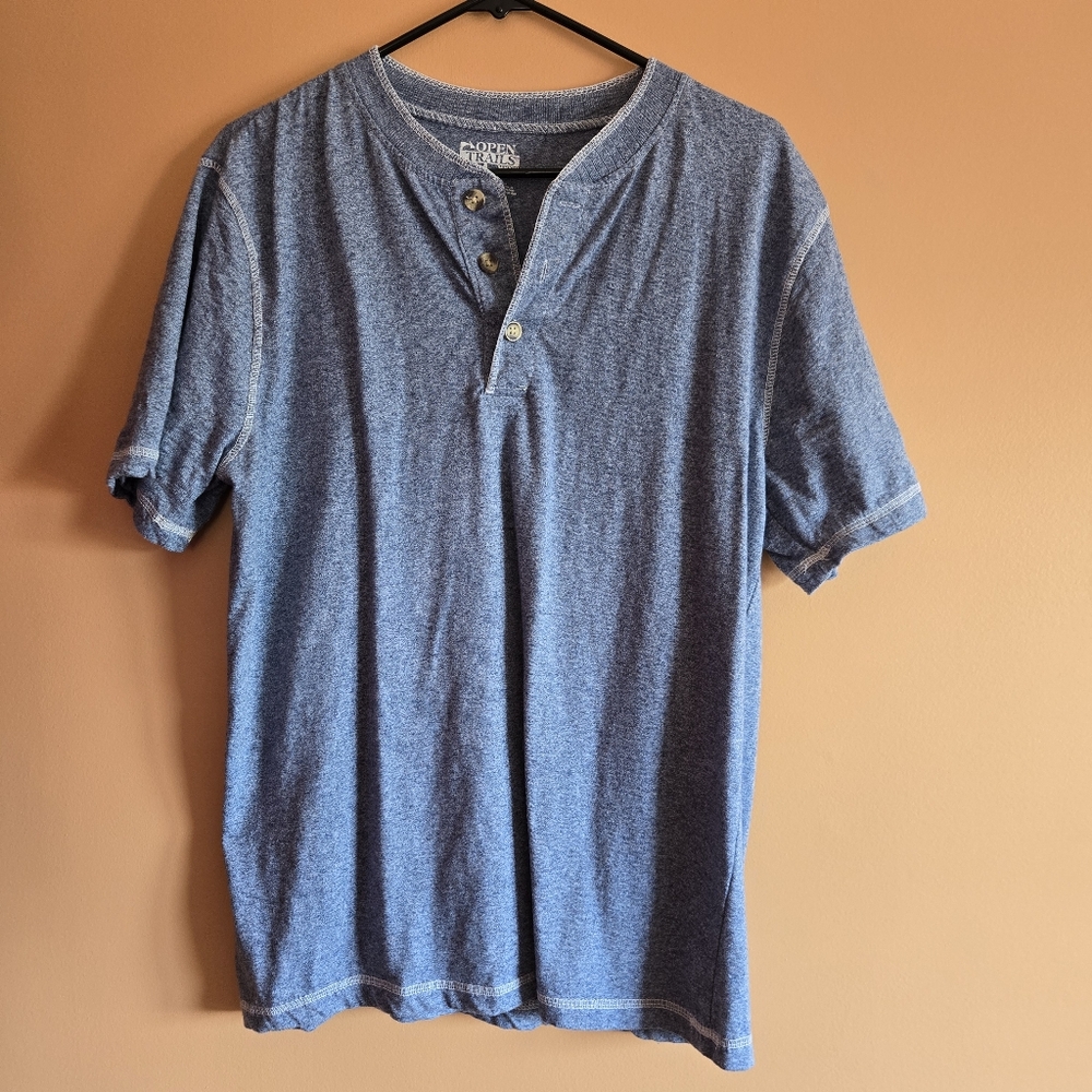 Open Trails Men's Blue Henley Short-Sleeve Shirt PTP=20.75"